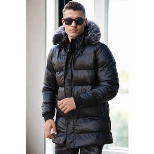 Dewberry 89545 Hooded Shiny Mens PU Jacket-BLACK Slike