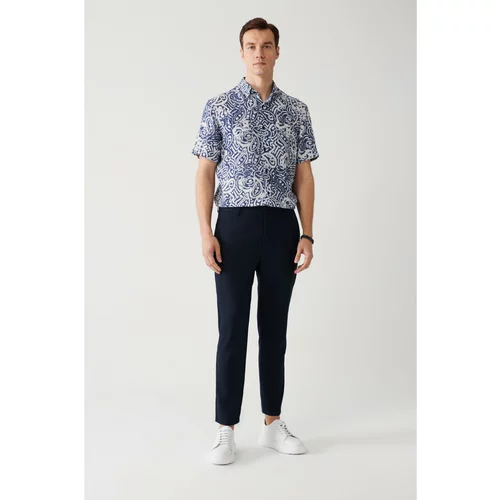 Avva Navy Blue Easy to Iron. Side Pocket Mini Checkered Patterned Relaxed Fit Chino Trousers.