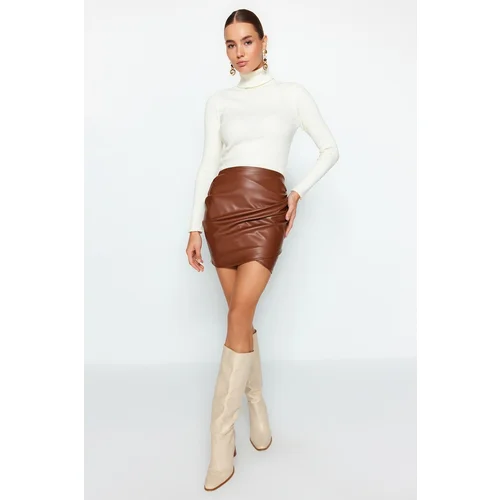 Trendyol Brown Faux Leather Draped High Waist Fitted Mini Skirt