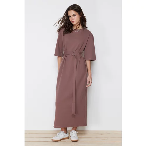 Trendyol Brown Belted Knitted Dress