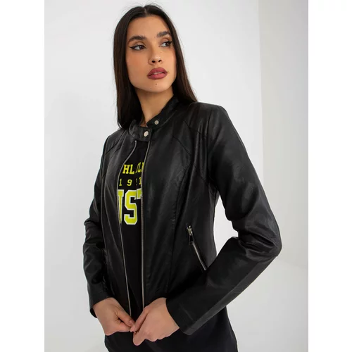 Fashion Hunters Black motorcycle jacket made of artificial leather with pockets