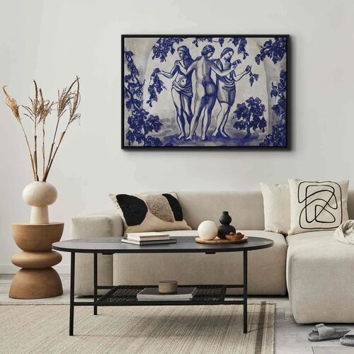 Slika - Ancient vineyard - three women in a portal painted with blue ink 120x80 U crnom drvenom okviru Slike