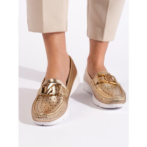 GOODIN Women&amp;#039;s gold loafers with buckle Slike