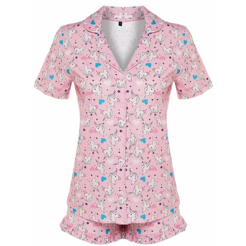 Trendyol Pink 100% Cotton Shirt-Shorts Knitted Pajama Set Slike