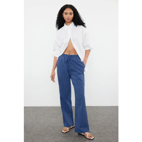 Trendyol Navy Blue Linen Blend High Waist Striped Wide Leg Trousers