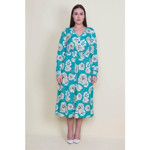 Şans Women's Plus Size Green Elastic And Ornamental Button Detailed Viscose Flower Patterned Dress Cene