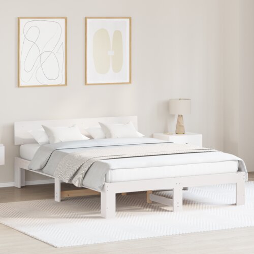 VidaXL Posteljni okvir z hrbtno stranjo bela 140x200 cm iz trdnega bora Slike