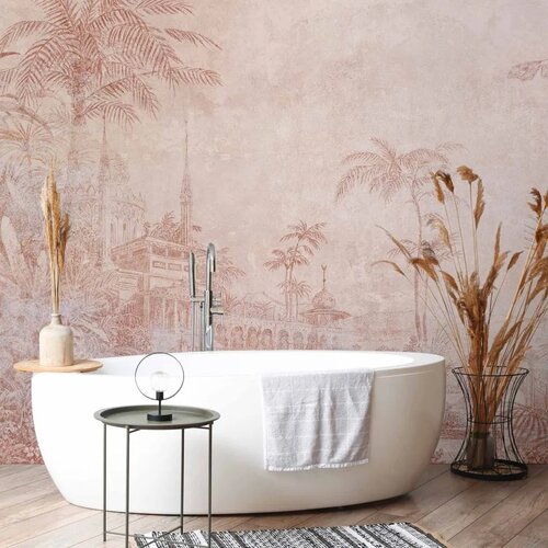  Foto tapeta - Landscape with temple - engraving of Indian architecture with palm trees 200x140 Vodootporna Slike