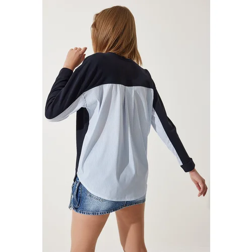  Women's Navy Blue Poplin Detail Knitted Sweatshirt