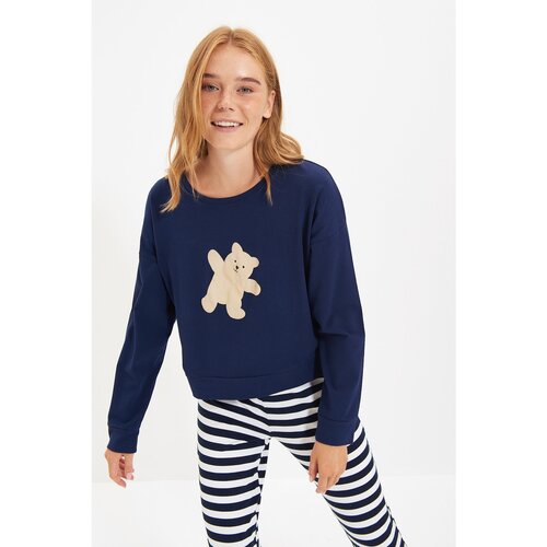 Trendyol Navy Blue Teddy Bear Printed Knitted Pajamas Set Slike
