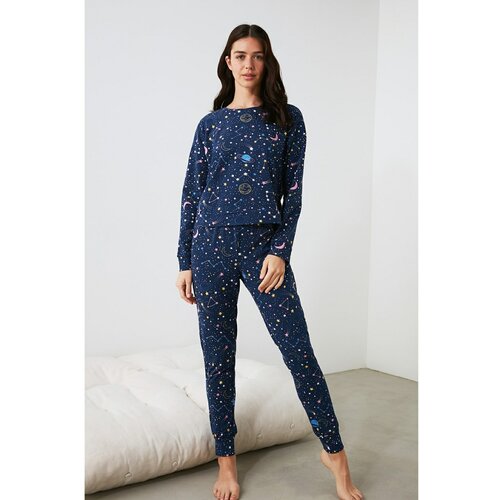 Trendyol Navy Blue Printed Knitted Pajamas Set Slike