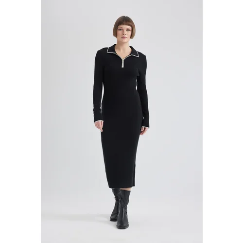 Defacto Regular Fit Polo Neck Half Zipper Long Sleeve Maxi Dress