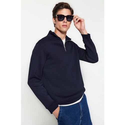 Trendyol Navy Blue Men's Regular/Regular Fit Stand-Up Collar Zippered Cotton Basic Sweatshirt Cene