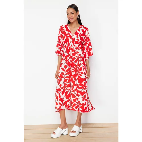 Trendyol Red Shawl Pattern A Cut Double Breasted Neck Midi Woven Dress Woven Dress