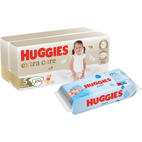 Huggies Pelene Extra Care 5, Duo pack, 15-22 kg, 100/1+Vlažne maramice Pure 56/1 Slike