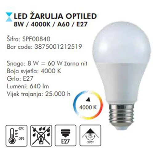 Sparx LED sijalica 8W/4000K A60 E27