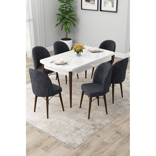 Hanah home trpezarijski set Rut, sto na razvlačenje i 6 stolica, bela ploča, noge boje oraha, antracit tkanina Babyface Cene