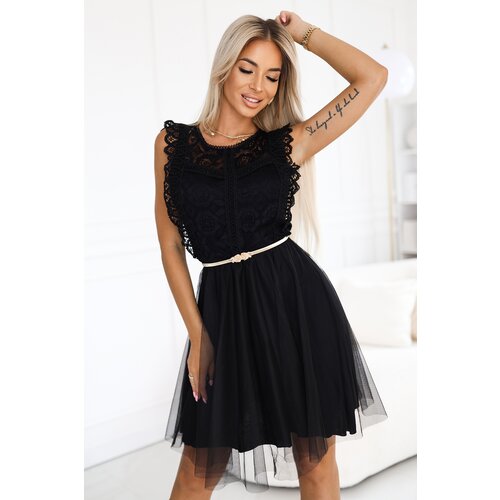 numoco basic 454-5 GRETA lace dress with tulle skirt and gold belt - black Cijene