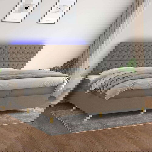  Krevet box spring s madracem LED smeđesivi 200x200 cm tkanina Cijene