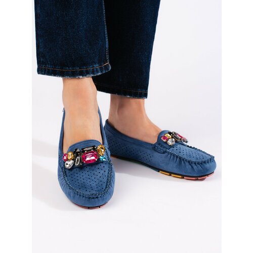GOODIN Blue women's openwork moccasins with crystals Slike