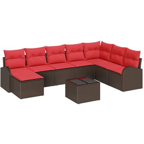 vidaXL Vrtna sedežna garnitura 9 pcs Rjava in rdeča Poly ratan, (5000022004) Cene