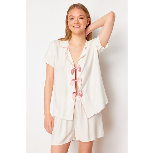 Trendyol ecru ribbon/bow and piping detailed viscose woven pajama set Slike