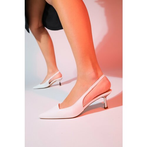 LuviShoes MARTEN Women's White Skin Pointed Toe Open Back Thin Heeled Shoes Cene