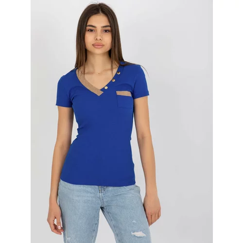 Fashion Hunters Dark blue ribbed blouse with short sleeves