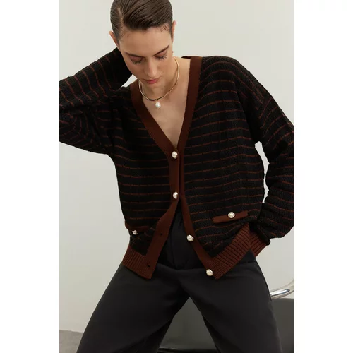 Trendyol Brown Wide Fit Striped Knitwear Cardigan