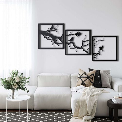 Wallxpert metalni zidni ukras 5261, grana drveta sa pticama u 3 uramljena kvadratna panela, 50 x 50 cm, crni Cene