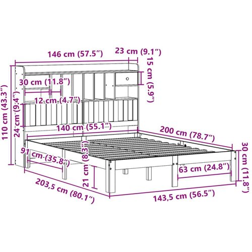 VidaXL Krevet s regalom z knjige bez madraca bijeli 140x200cm borovina Slike