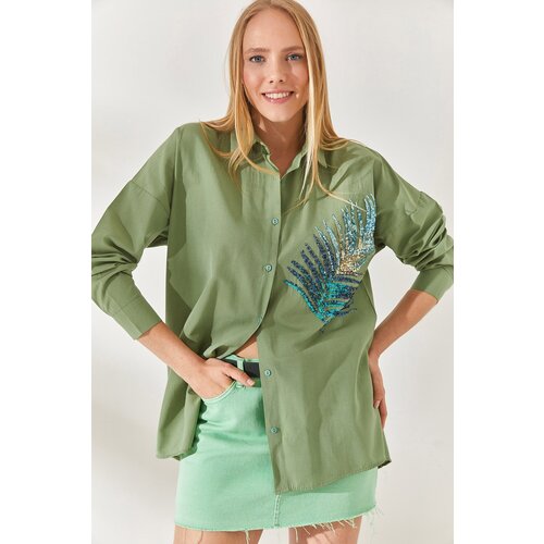 Olalook Mustard Green Palm Sequin Detail Oversized Woven Poplin Shirt Slike