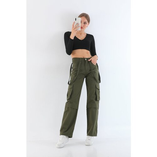 BİKELİFE Women's Khaki High Waist Multi-Pocket Strap Detail Straight Fit Cargo Pants Slike
