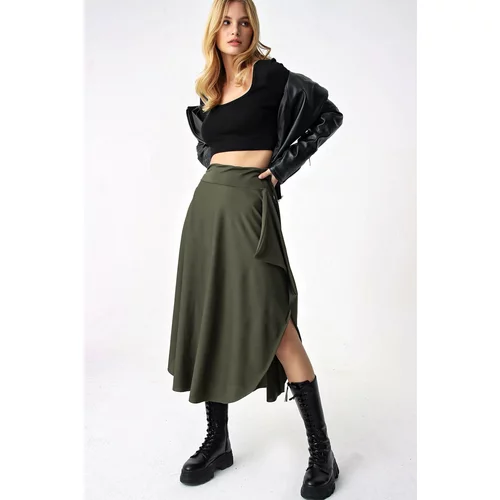 Trend Alaçatı Stili Women's Khaki Asymmetric Cut Waist Tie Skirt