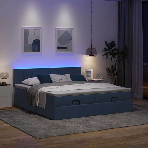 VidaXL Ottoman krevet s madracima i LED diodama plavi 160x200 cm tkanina - Plava 160 x 200 cm Blok s kvadratima Slike