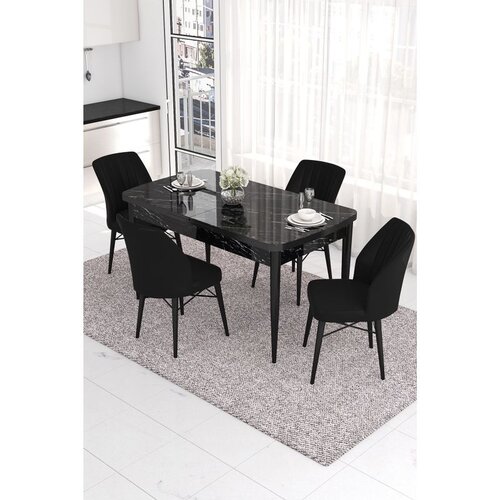 Hanah home trpezarijski set Eva, sto na razvlačenje i 4 stolice, ploča u dekoru crnog mermera, crna tkanina Babyface Cene