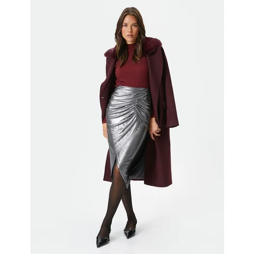 Koton Melis Ağazat X - Metallic Shiny Double Breasted Midi Skirt with Slit and Drape Detail