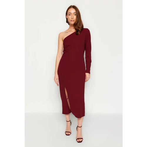 Trendyol Burgundy Asymmetric Collar Fitted Slit Detailed Midi Knitted Dress
