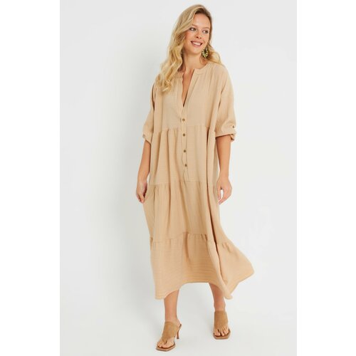 Cool & Sexy Women's Loose Midi Dress Camel Q982 Slike