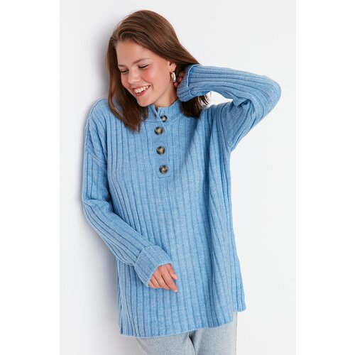 Trendyol blue collar buttoned ribbed knitwear sweater Slike