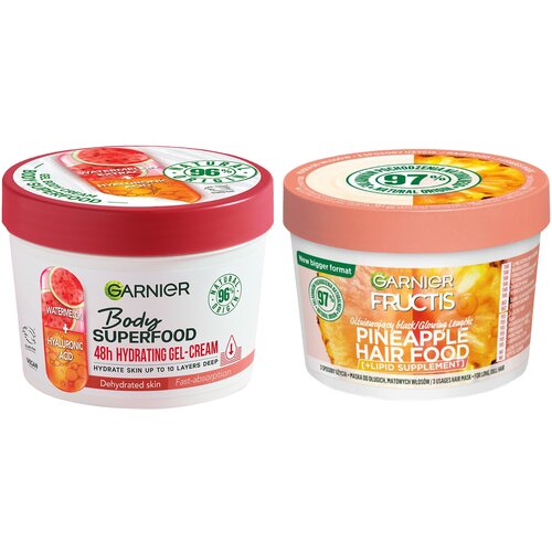 Garnier body superfood krema za telo watermelon 380ml + fructis hair food maska za kosu pineapple 390ml Cene