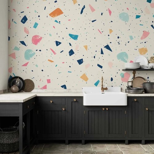  Foto tapeta - Terrazzo with Multicolored Large Elements Cheerful Pattern on a Light Background 450x315 Vodootporna Cene