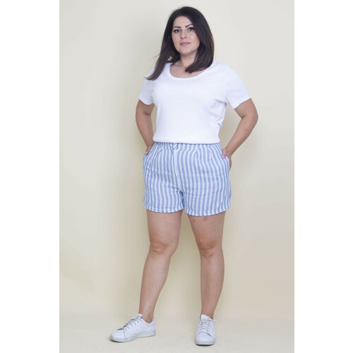 Şans Women's Large Size Blue Linen Fabric Striped Shorts Slike