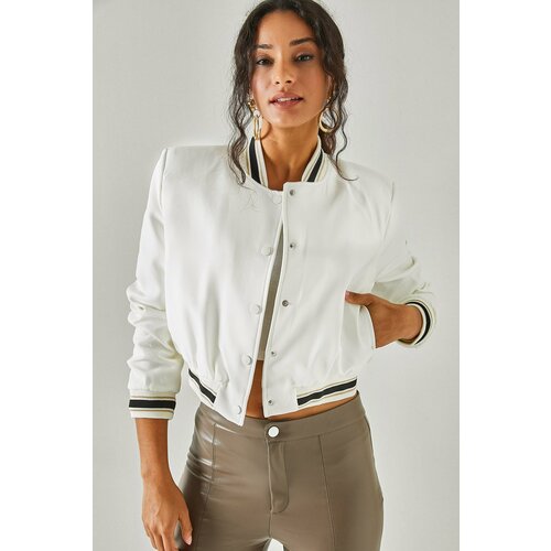 Olalook Women's White Bomber Jacket with Snap fasteners, Pocket Lined, Padded Cene