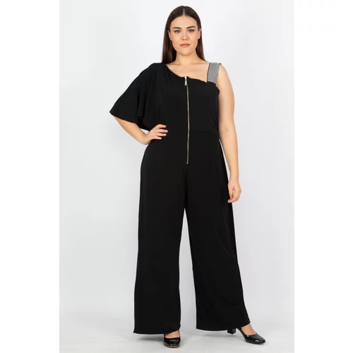Şans Women's Plus Size Black Sequin And Zipper Detail Jumpsuit