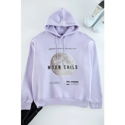 Trendyol Lilac Oversize/Wide Cut Hooded Fleece Inside Printed Sweatshirt