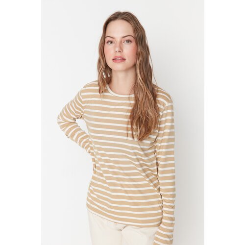 Trendyol Beige Striped Basic Knitted T-Shirt Slike
