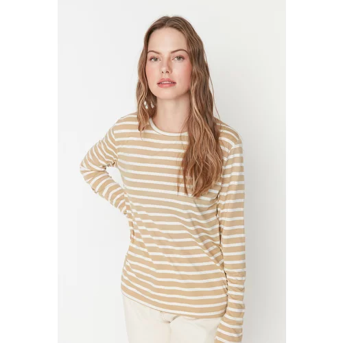 Trendyol Beige Striped Basic Knitted T-Shirt