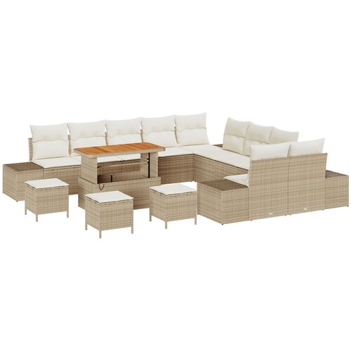 VidaXL Set od 14 dijelova vrtnih sofa s jastučićima, bež poli ratana, 2-sjedalna vrtna sofa s spremnikom i jastučićima, bež poli ratana, 4-dijelni set vrtne blagovaonice s jastučićima, bež poli ratana Slike