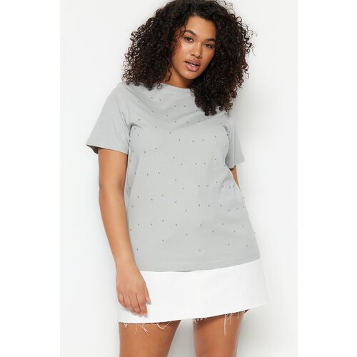 Trendyol Curve Gray Knitted Crewneck T-shirt with Accessories Slike